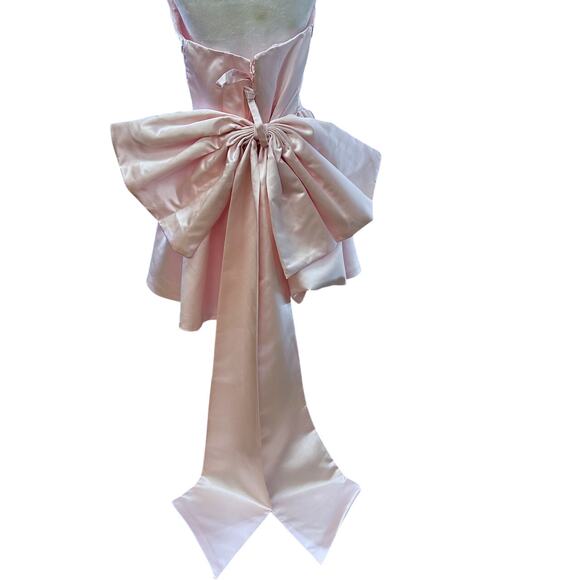 Soft Pink Satin Coquette Formal Dress Ruffle Bodice Dramatic Oversized Bow Train - Picture 2 of 12
